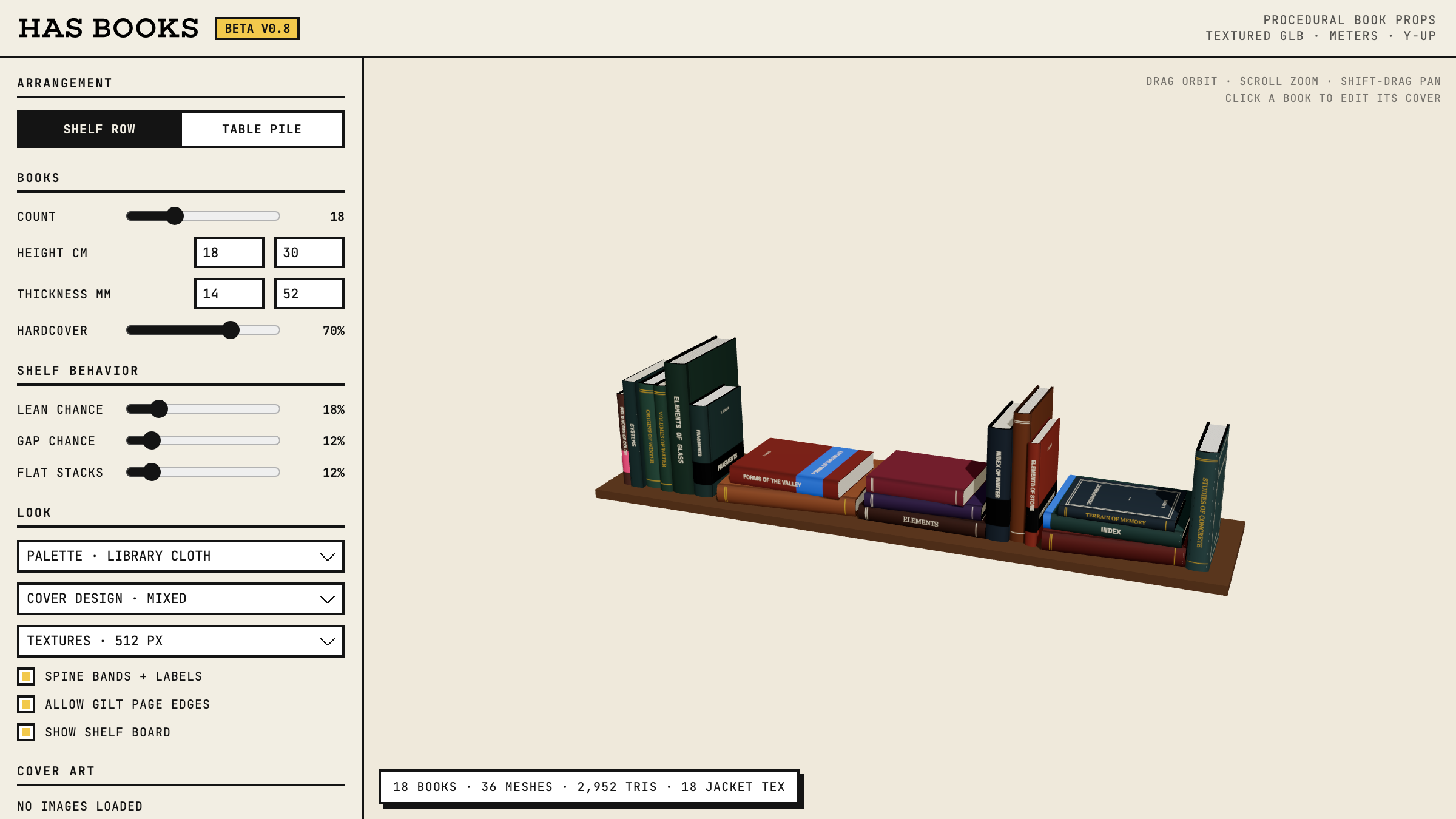 HAS Books: a generated shelf row of books with designed spines, next to controls for arrangement, palettes, and cover design