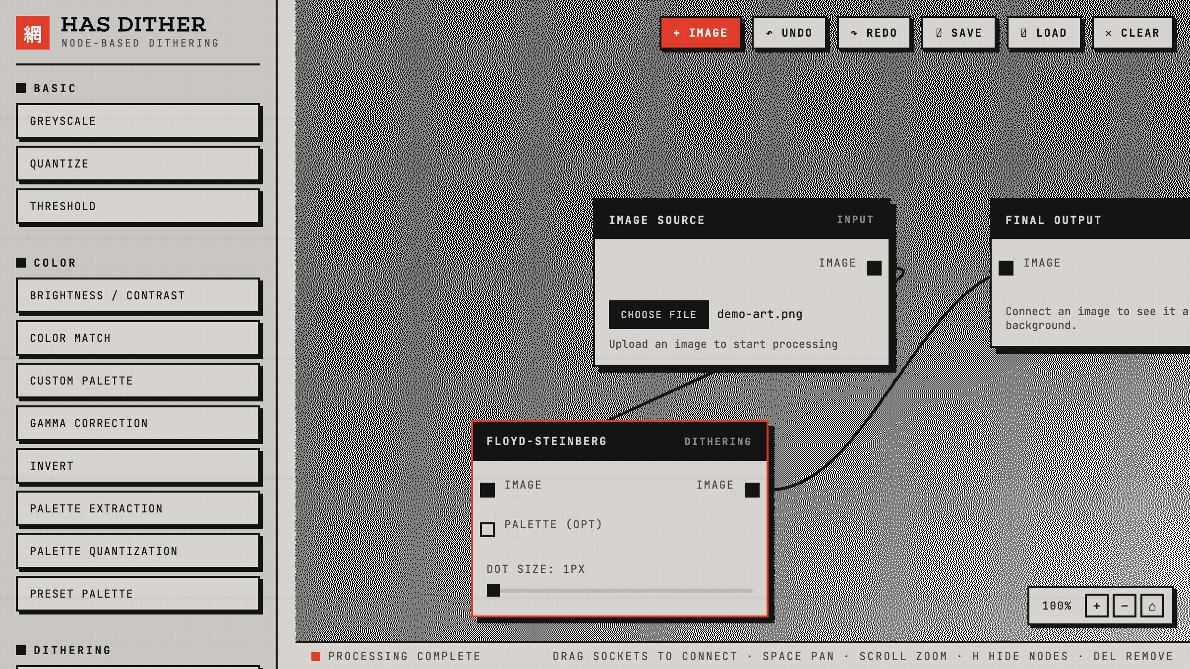 HAS Dither: concrete-and-ink node graph wiring an image through a Floyd-Steinberg node, over a full-bleed dithered preview, with a palette of dithering nodes on the left