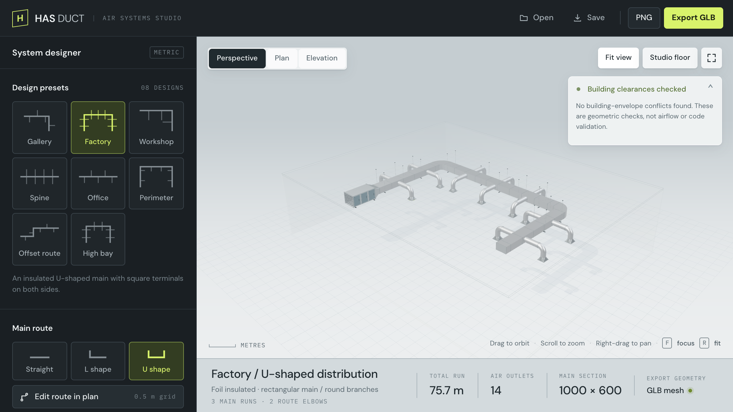 HAS Duct interface: design presets and route controls on the left, an insulated U-shaped duct system with an air handling unit and fourteen branches in the 3D viewport