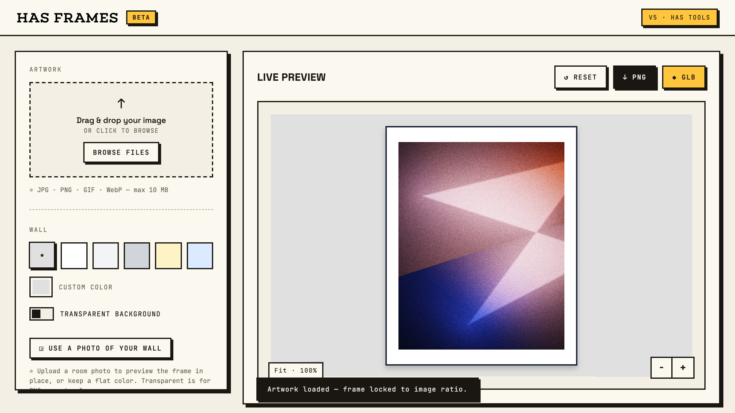 HAS Frames: an uploaded artwork shown in a classic wood frame on a wall, with controls for artwork, wall color, and frame style