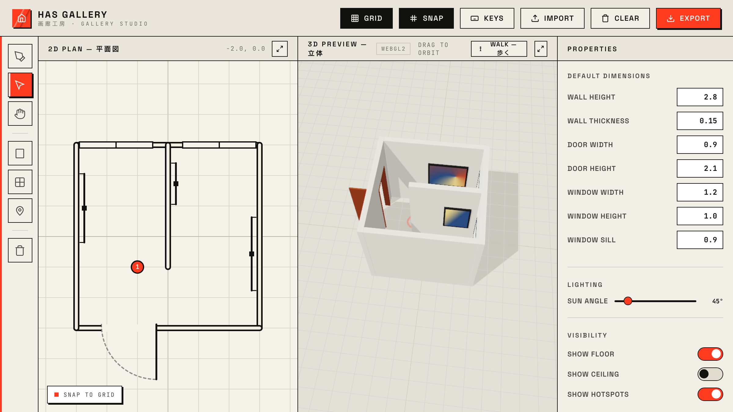 HAS Gallery: a 2D floor plan of a room with a door, windows, and a walk hotspot, beside a 3D preview of the same gallery with artwork hung on its walls