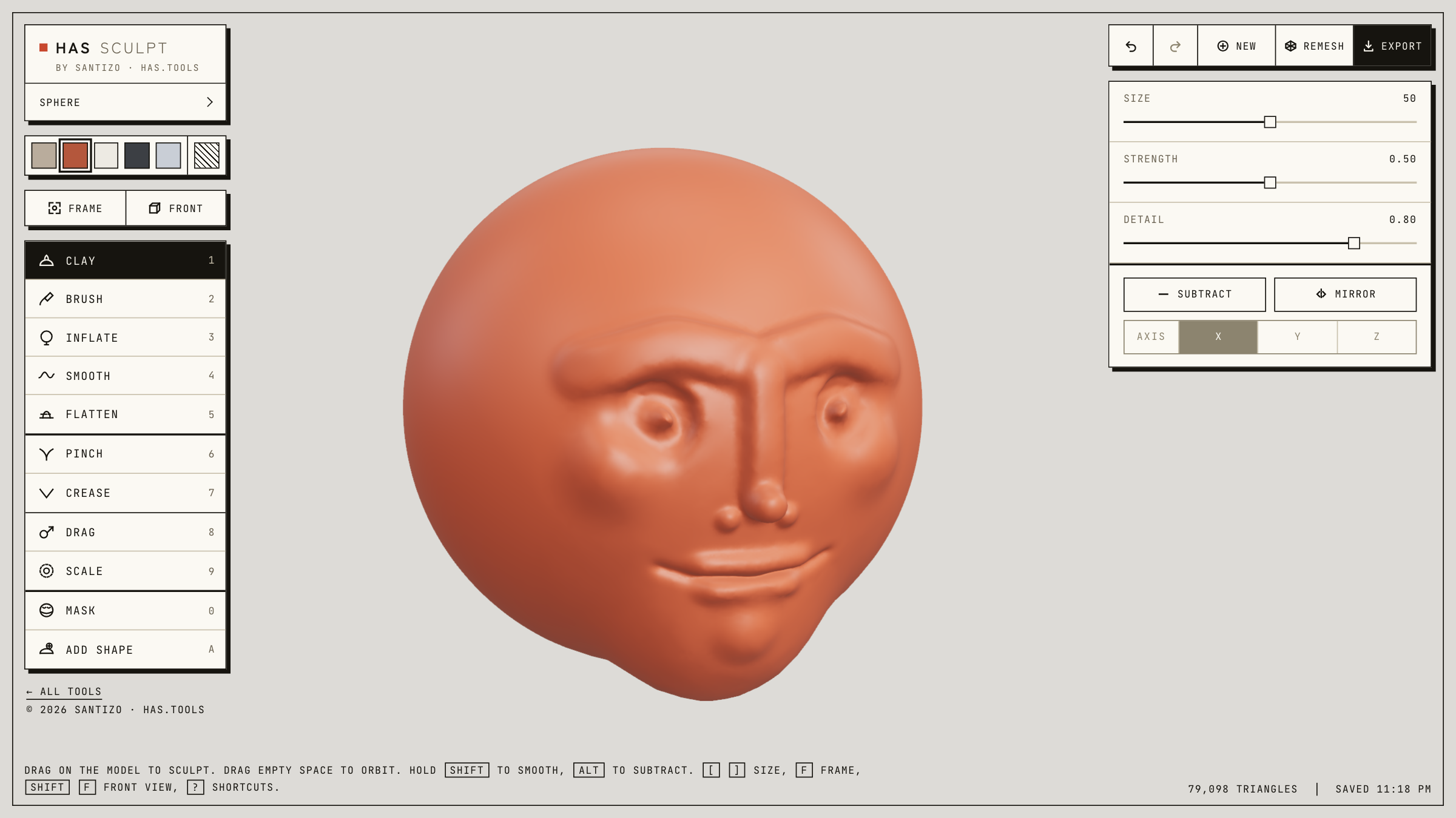 HAS Sculpt interface: brushes on the left, brush settings on the right, and a terracotta head sculpted from a sphere in the 3D viewport