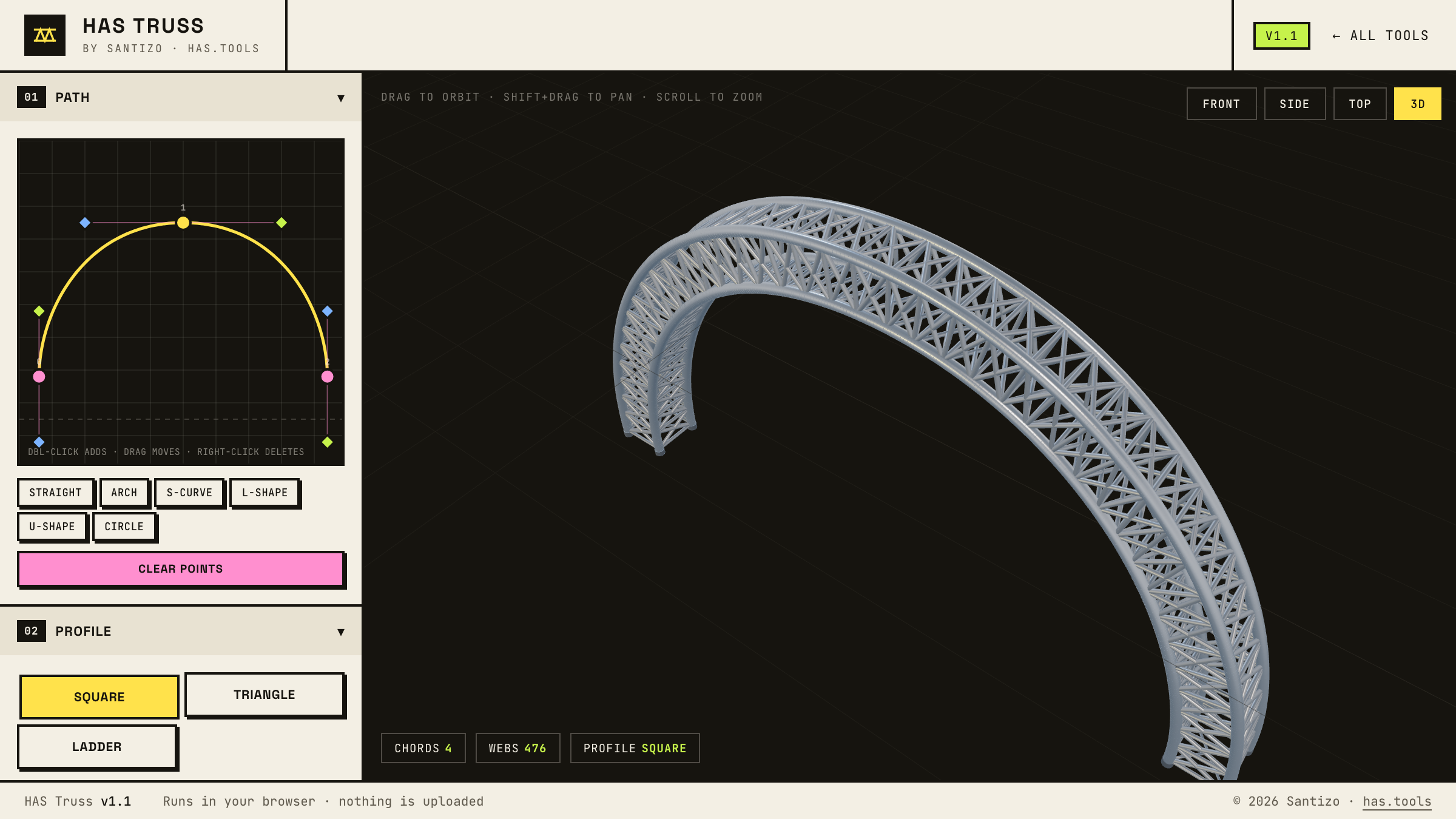 HAS Truss interface: the path editor and controls on the left, a curved aluminum truss rendered in the 3D viewport